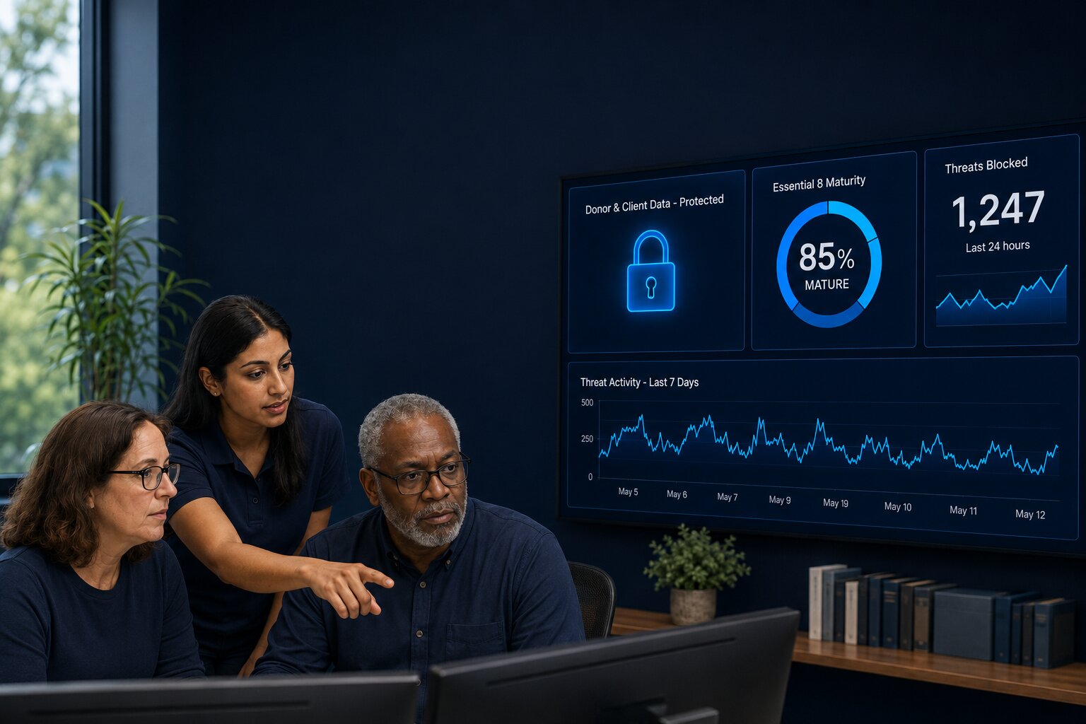 A Clearnet Labs specialist and not-for-profit staff reviewing security dashboards showing donor and client data protected, Essential 8 maturity and threats blocked.