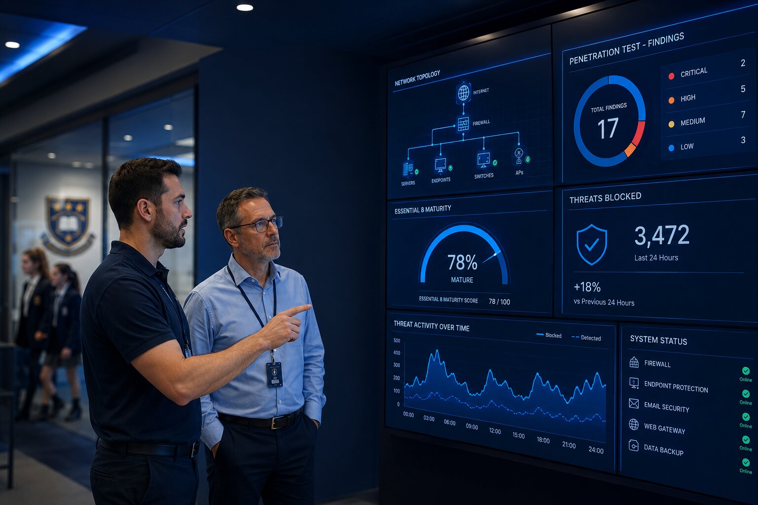 A Clearnet Labs specialist and a school IT administrator reviewing security dashboards showing penetration test findings, Essential 8 maturity and threats blocked.